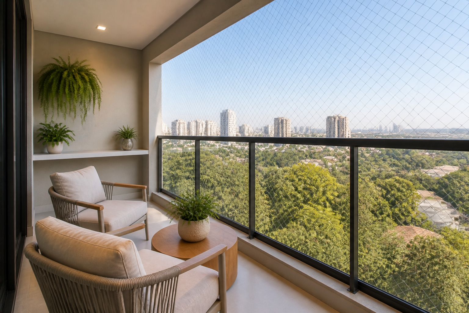 Varanda do apartamento com poltronas e vista para a cidade